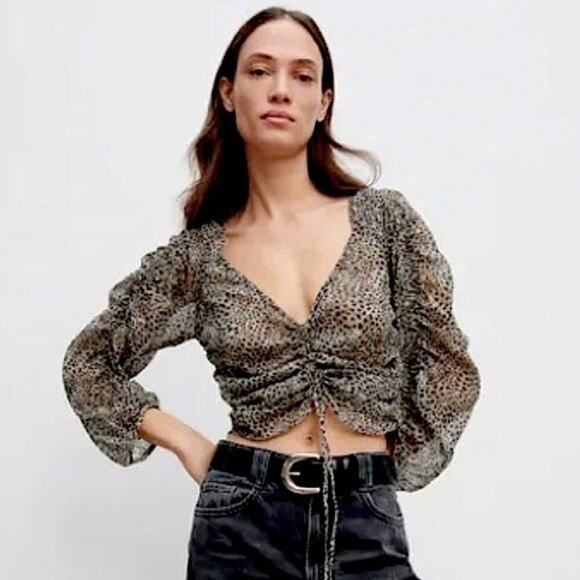 ZARA Sheer Animal Print Crop Top - Picture 2 of 9